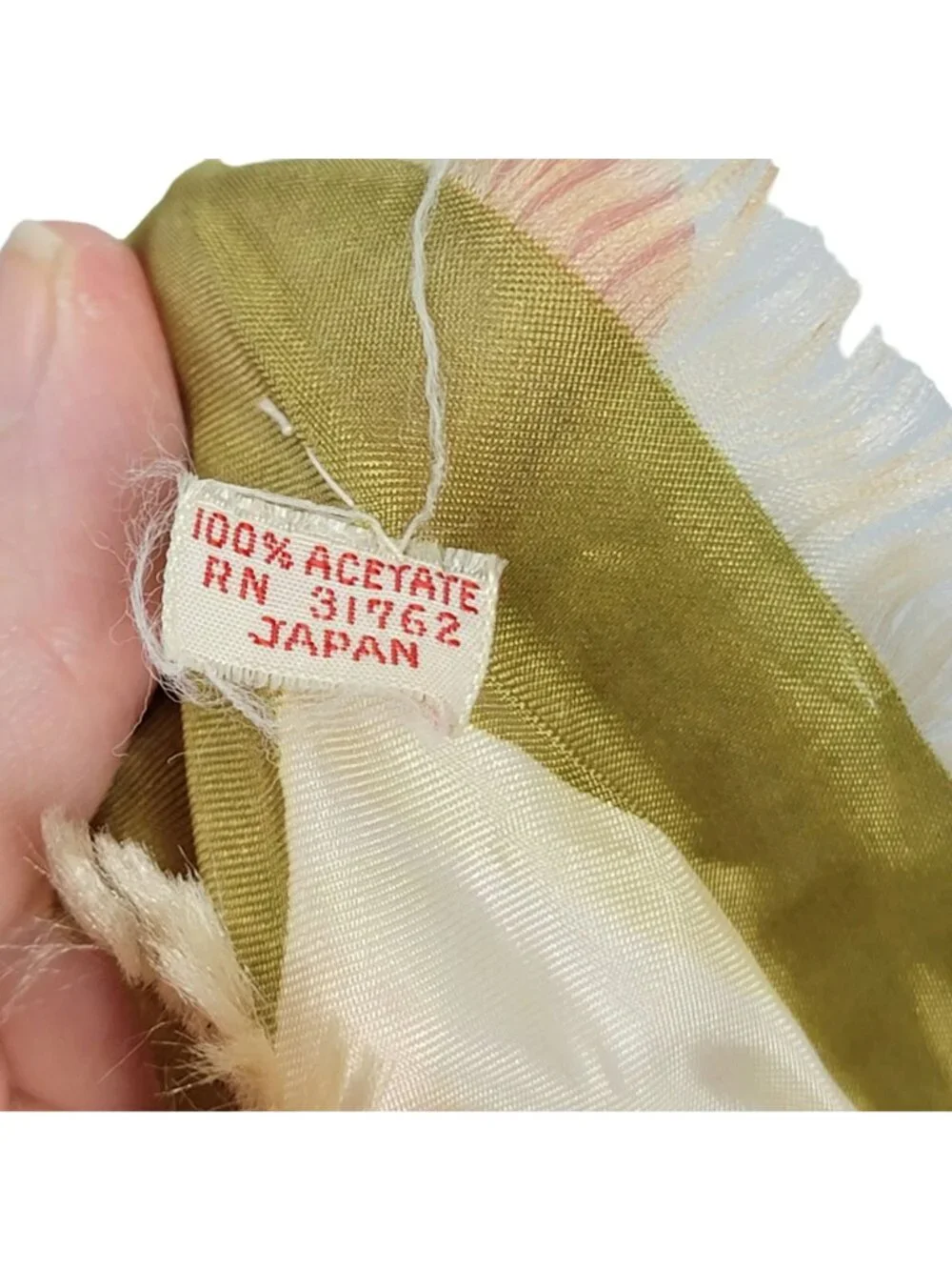 Vintage 70s Floral Scarf Women Accessories Acetate Fringe Green Beige Fall Leave